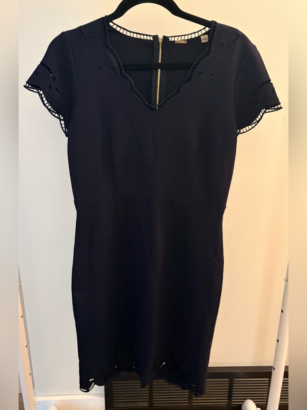 Navy Blue Eyelet Trim Sheath Dress
